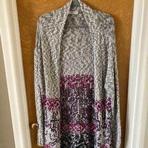 Gray, pink, and purple duster